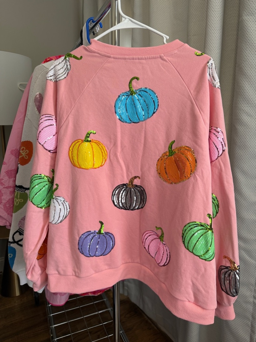 QUEEN OF SPARKLES Pink Sequin Pumpkin Sweatshirt- Large - Picture 3 of 3